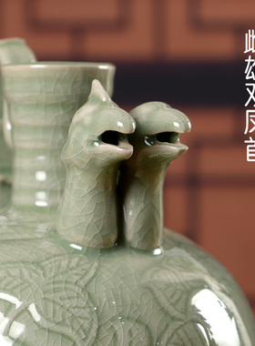 耀州瓷双凤壶汝瓷摆件中式仿古