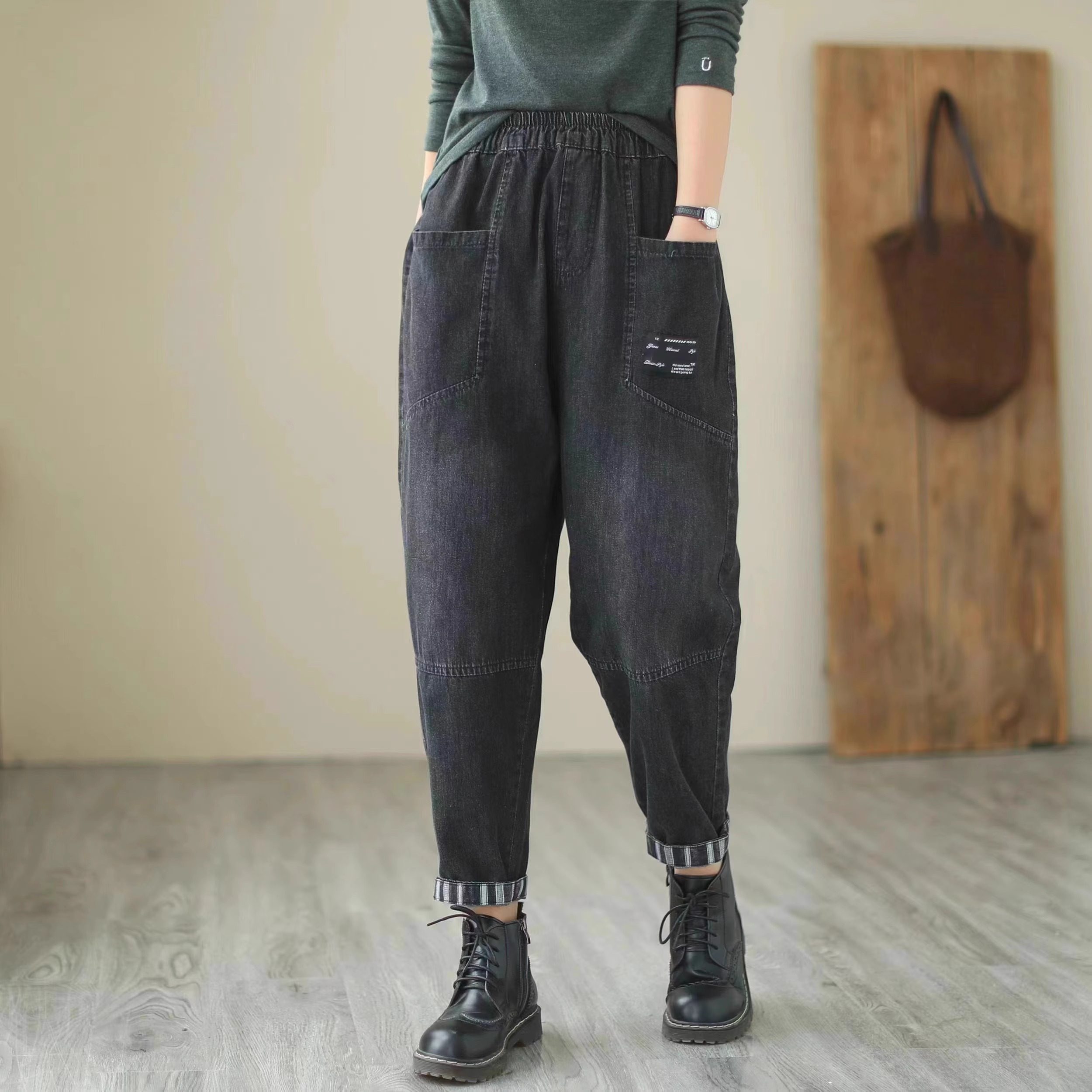 复古做旧水洗贴布拼接牛仔哈伦裤女2024夏季宽松休闲老爹裤潮,淘宝优惠券,粉丝福利购,淘宝优惠卷