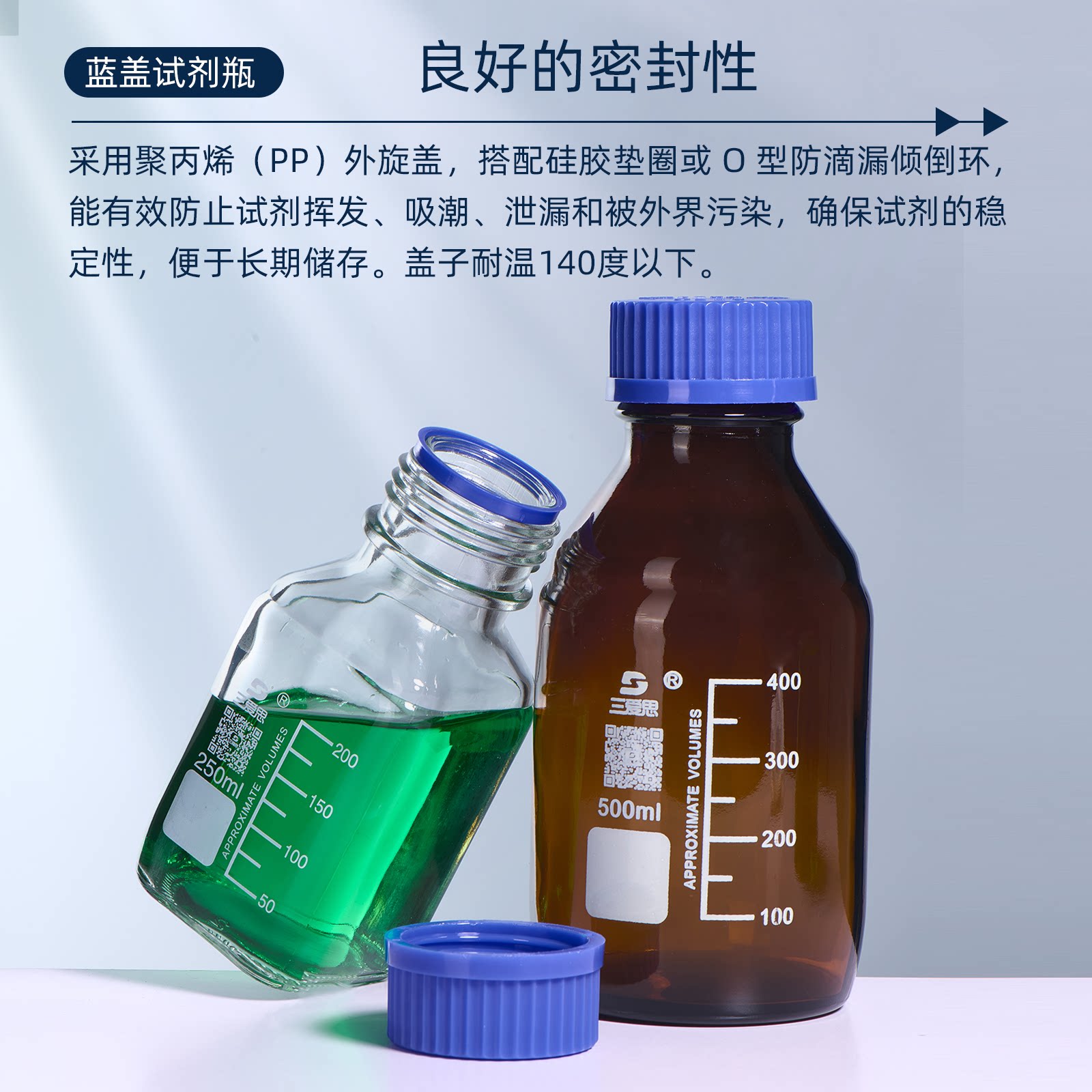 Sanaisi blue cap reagent bottle with neutral material and scale