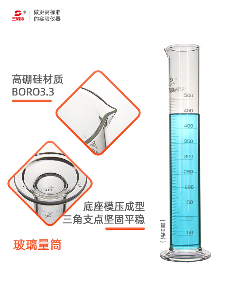 三爱思玻璃量筒A级可过检实验室量具直形带刻度计量筒光刻耐酸碱烧瓶高硼硅量器容量5 25 50 100mL - 图2