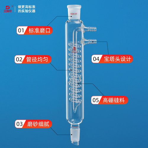 三爱思 蛇形回流冷凝管A14 螺旋内心管 标准磨口搭配烧瓶蒸馏头密封 高硼硅玻璃 物理化学生物实验室器材耗材 - 图0