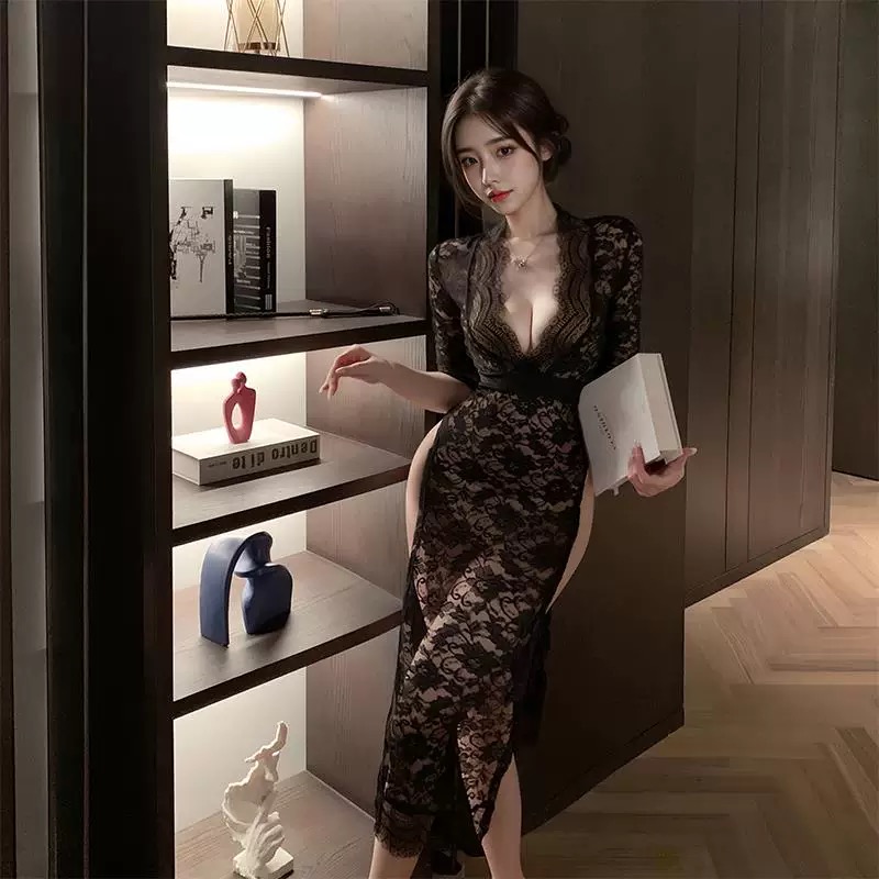 SALTCRUSH 性感长裙侧开叉深V旗袍复古风纯欲内衣套装免脱睡裙女 - 图1