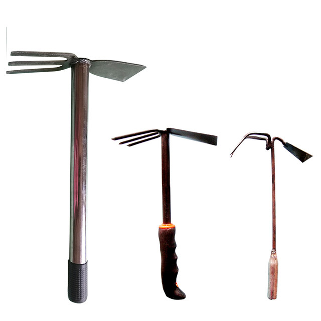Two busy rakes and hoe agricultural and gardening tools for growing vegetables, weeding, harvesting vegetables, plowing soil, loosening soil and digging holes