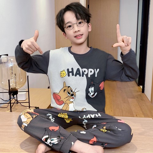 潮款小男孩春秋季睡衣儿童长袖男童青少年小孩子薄款中大童家居服 - 图1