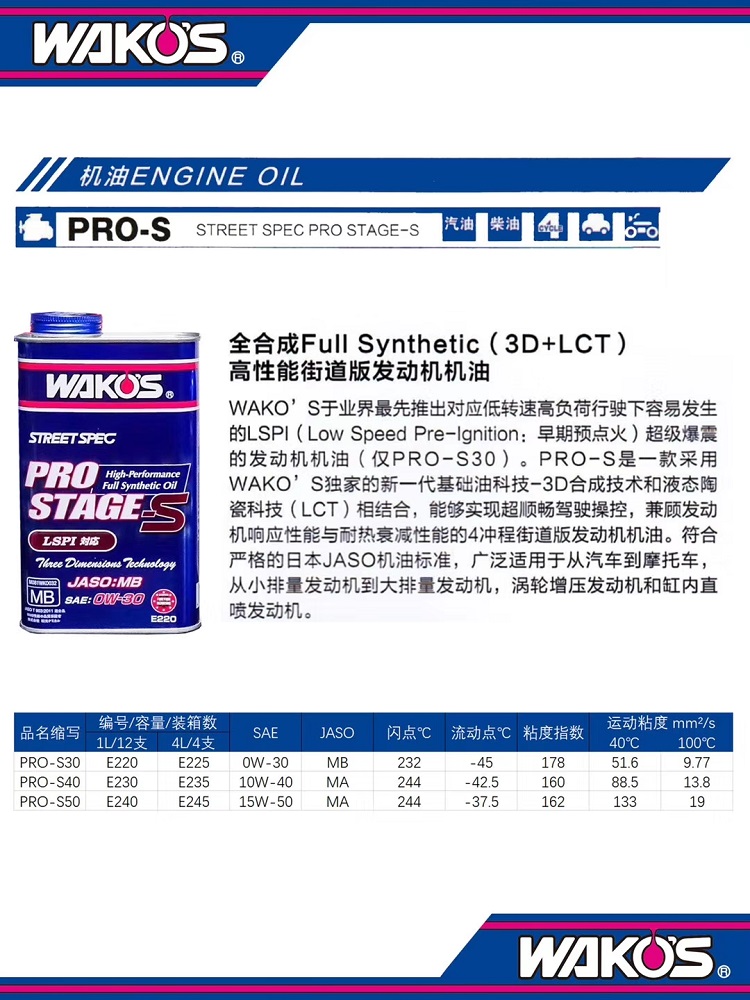 日本进口WAKOS和光PRO S  0W30液化陶瓷技术全合成机油 1L4L 铁罐 - 图0