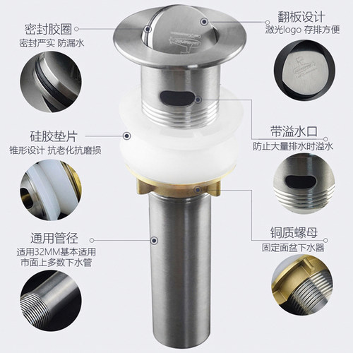 潜水艇洗手盆下水器面盆卫生间洗脸盆弹跳式翻盖下水管排水管配件 - 图1
