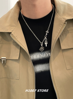 新款圣剑做旧方块十字花拼接男款链女生冷淡风嘻哈颈链毛衣卫衣链