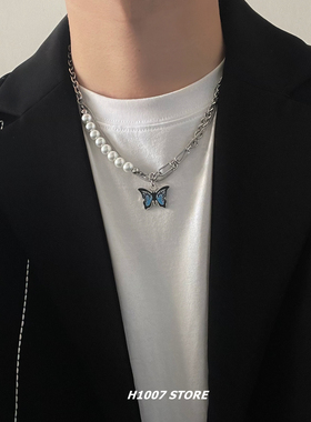 原创蓝色蝴蝶珍珠锁骨链男生项链