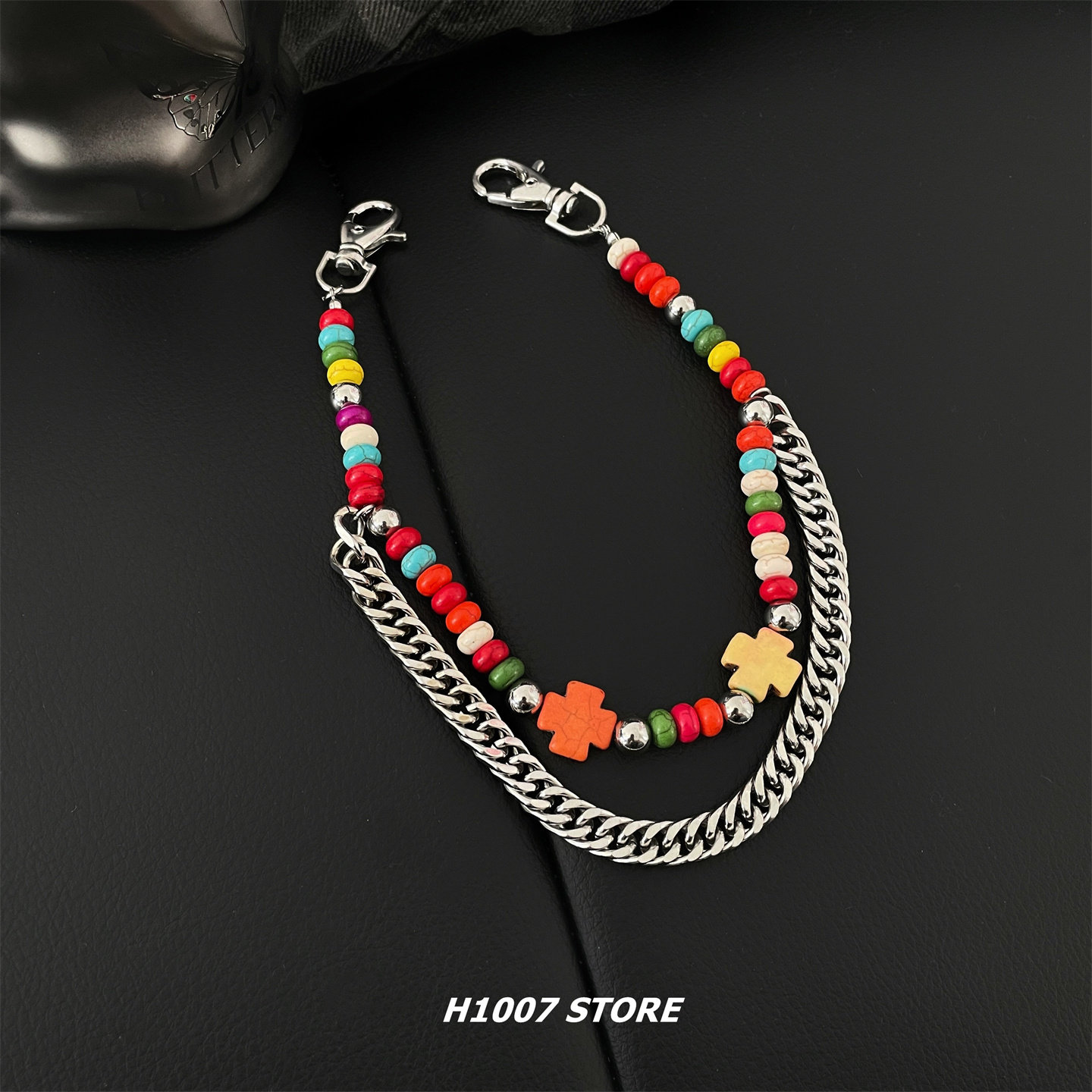 十字架彩色串珠嘻哈风男款裤链女小众设计感腰链牛仔裤工装裤挂链