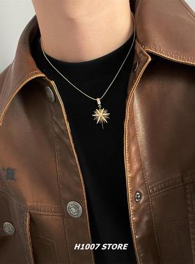 必入款 金色太阳花镶钻吊坠项链男款复古嘻哈毛衣链女小众锁骨链