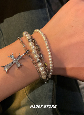 多层串珠十字架男款手链女生嘻哈风小众设计高级感情侣款手腕饰品