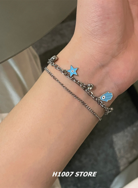 蓝色手掌星星锆石双层男款手链女钛钢链条小众设计高级感情侣饰品