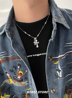 美式嘻哈风镶钻十字架男款锁骨链女小众高级感项链百搭配饰毛衣链