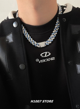 蓝色满钻古巴潮牌男款项链女生冷淡锁骨链小众设计感情侣款毛衣链