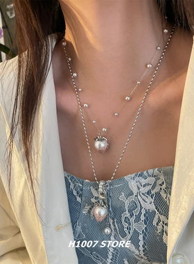 甜酷风粉草莓珍珠链条拼接女项链海边度假风男款锁骨链毛衣链新款
