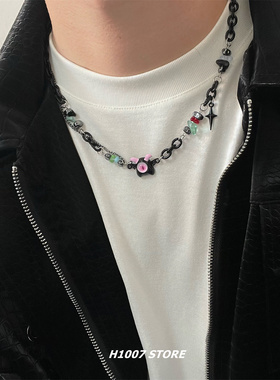 小怪兽碎石黑链条项链男款锁骨链女嘻哈小众设计高级感毛衣卫衣链