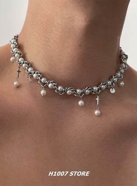 新款十字珍珠缠绕男款项链女小众设计颈链轻奢锁骨链嘻哈风毛衣链
