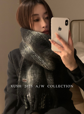 日系复古羊毛混纺格子围巾女冬季高级感小众加厚保暖护颈情侣围脖