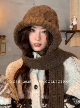 加厚含羊毛帽子围脖一体毛线帽女冬保暖护耳防寒显脸小包头雷锋帽
