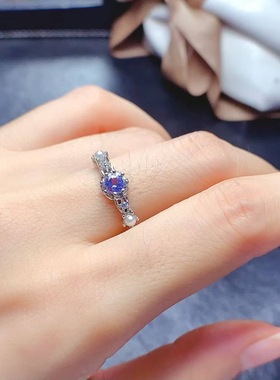 天然坦桑石珍珠戒指925银镀白金4mm时尚韩版蕾丝轻奢高级女戒活口