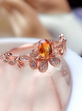 银镀玫瑰金镶嵌天然黄水晶时尚百搭小清新日韩花瓣花朵戒指活口
