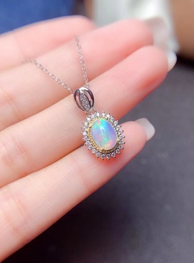 天然变彩澳大利亚欧泊套装时尚日韩一克拉耳钉戒指项链纯银镀白金