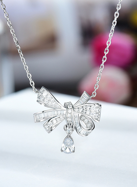 卓蝶珠宝纯银镀白金甜美镶钻蝴蝶结项链女式气质款锁骨链新品吊坠