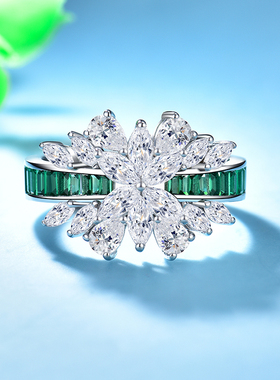 彩虹桥珠宝女戒纯银蓝宝石祖母绿