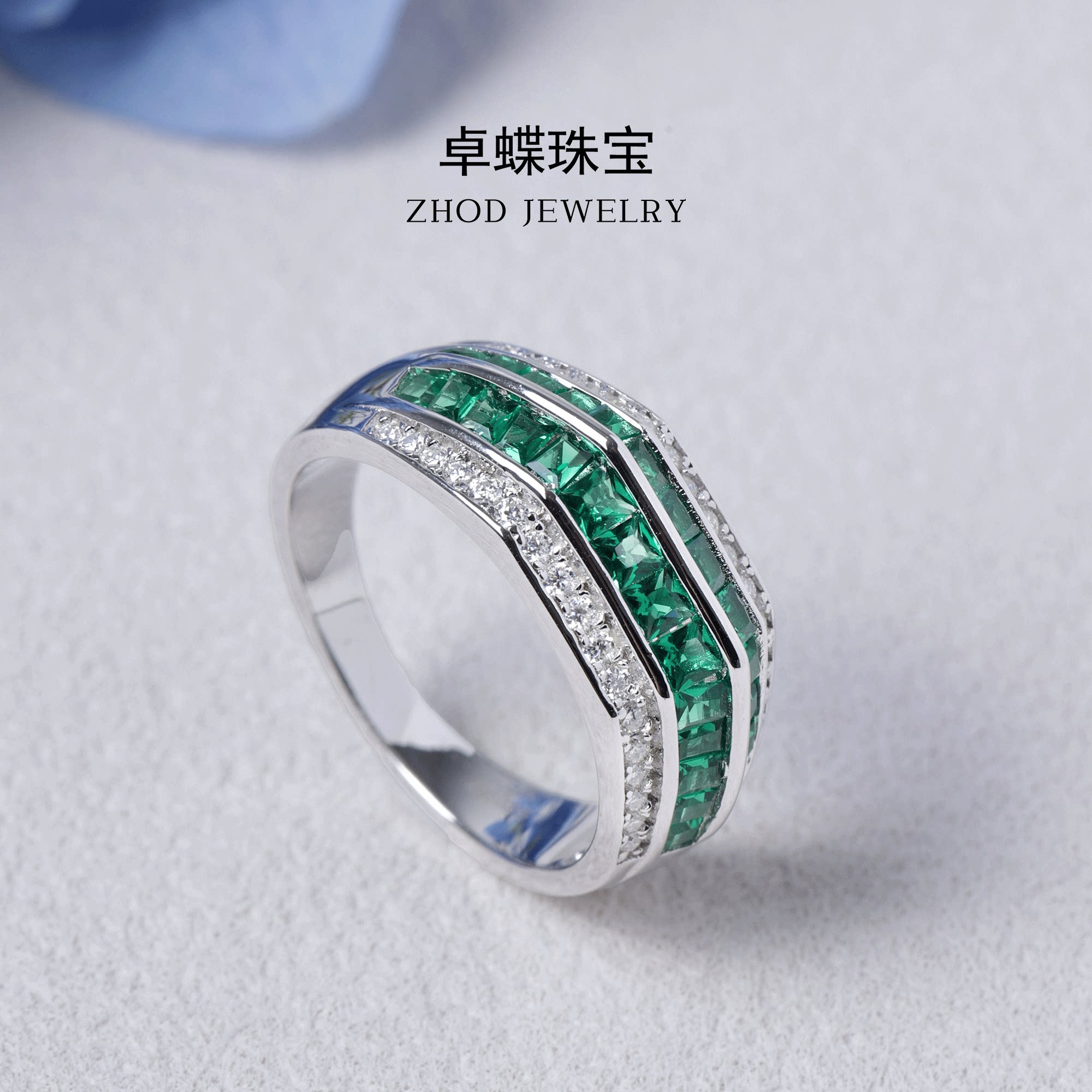 Three-color square colored gem micro-set ring, light luxury and niche personality