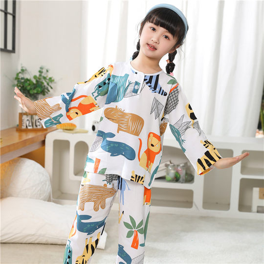 女宝宝睡衣夏季男女童薄款棉绸小孩空调服儿童长袖宝宝家居服套装