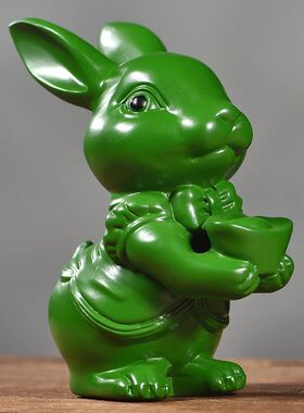 绿色木雕元宝兔子摆件实木质十二