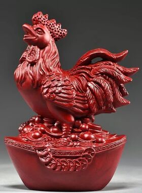 绿色实木雕十二生肖红公鸡摆件客