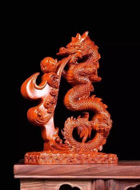 绿色实木雕刻龙摆件生肖龙青龙吐