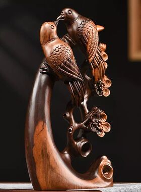 木雕喜上眉梢摆件实木雕刻小鸟玄