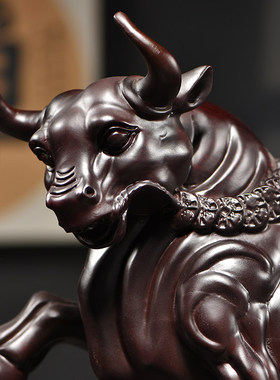 实木雕牛摆件工艺品招财牛气冲天家居装饰品办公室桌面开业送礼品