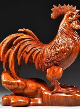 绿色木质雕鸡摆件十二生肖大公鸡家居客厅办公室装饰开业乔迁送礼