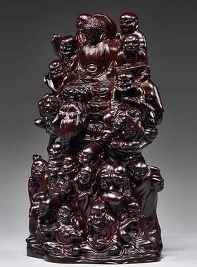 黑檀木雕十八罗汉摆件红木家居玄关降龙伏虎尊者实木质雕刻工艺品