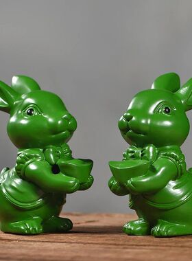 绿色木雕元宝兔子摆件实木质十二生肖兔家居客厅桌面装饰工艺礼品