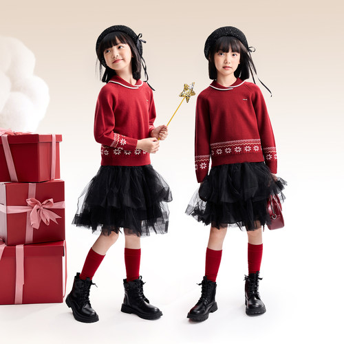 安奈儿童装女童长袖毛衣针织衫2025冬新款费尔岛提花保暖弹力时尚 - 图1