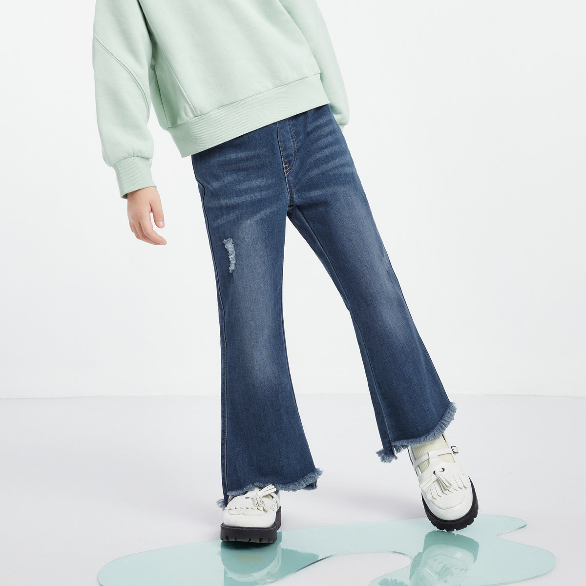 安奈儿童装女童牛仔单裤秋新款微喇弹力甜美时尚流苏长裤,淘宝优惠券,粉丝福利购,淘宝优惠卷