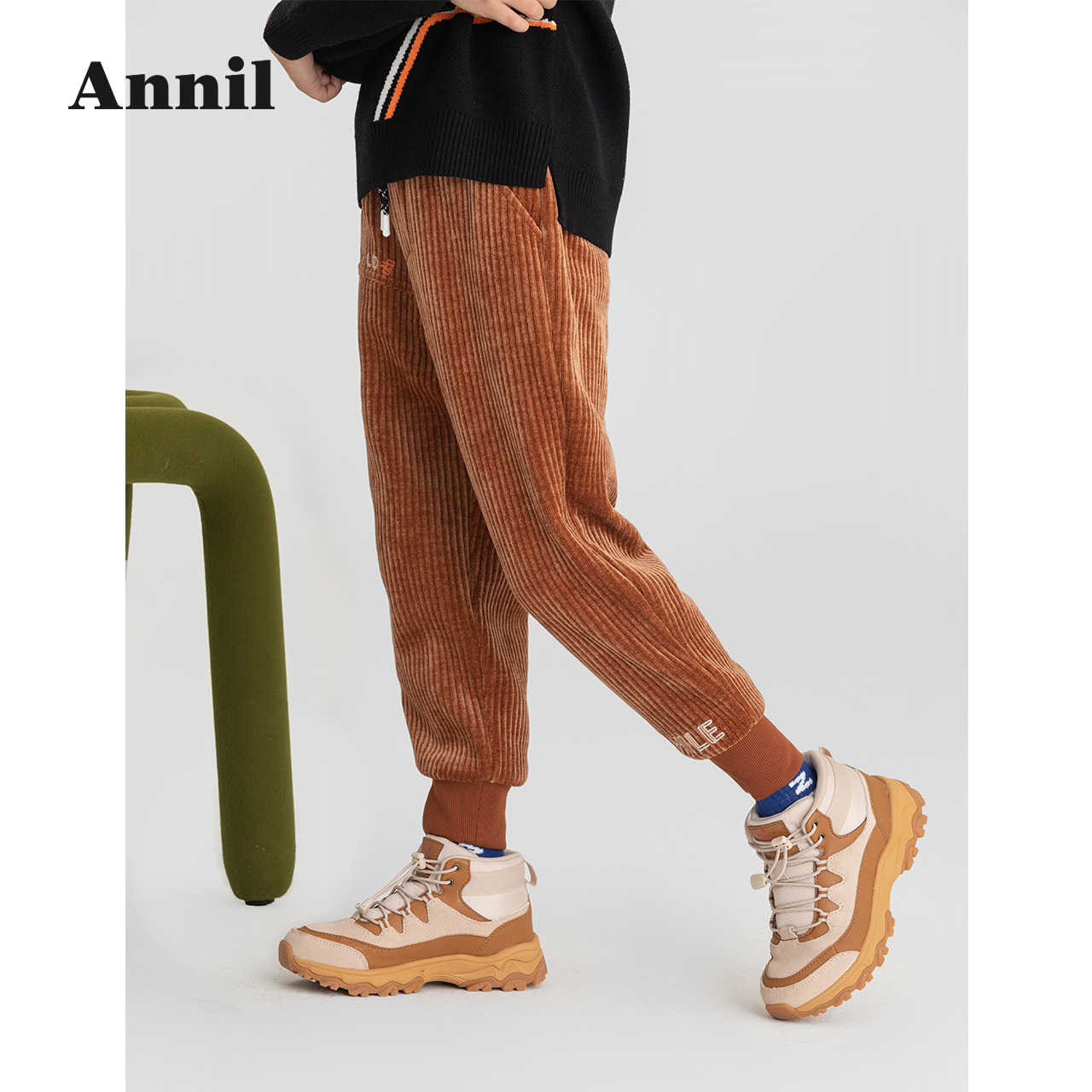 安奈儿旗舰店安奈儿童装男童针织夹裤冬新款洋气加厚灯芯绒男孩休闲长裤子2