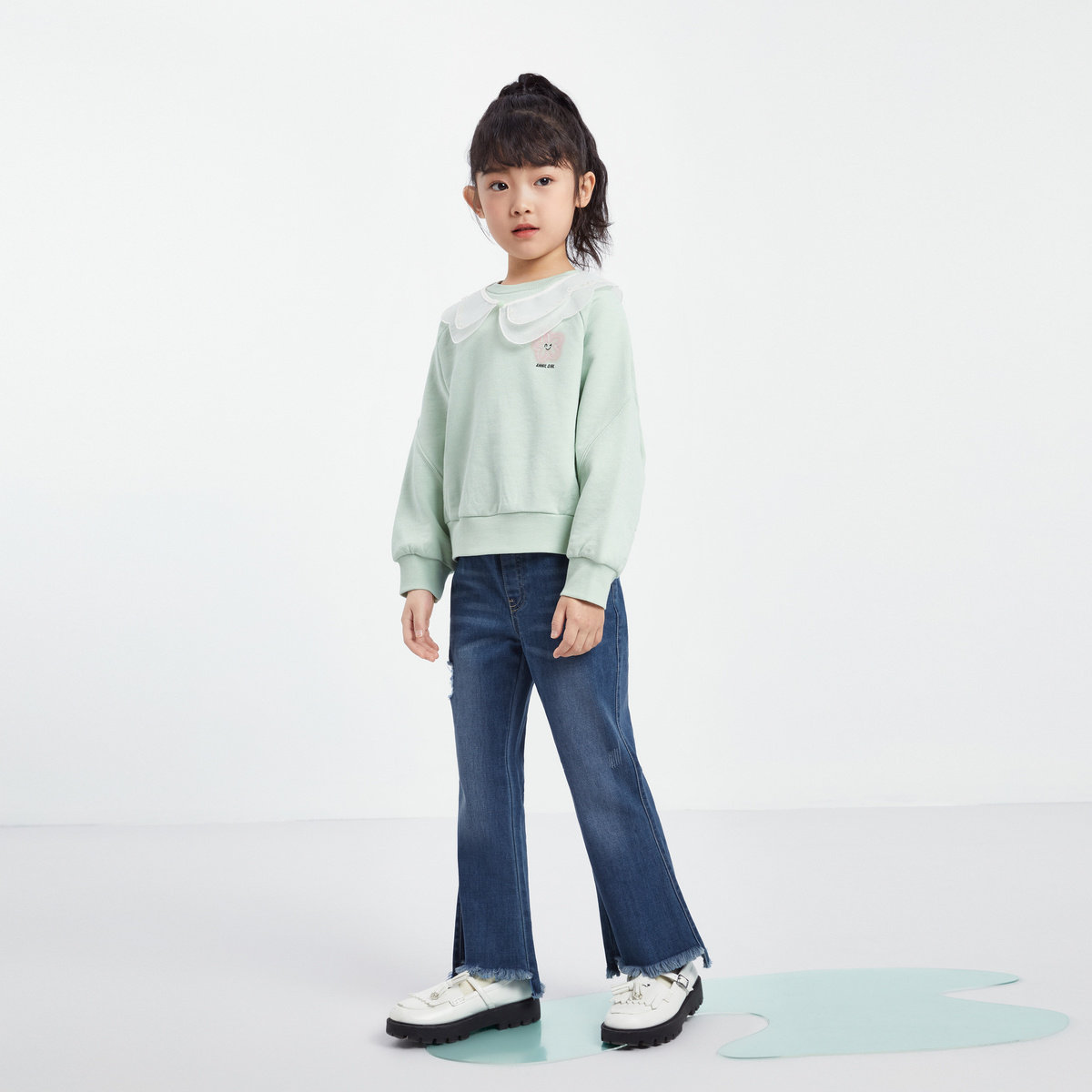 安奈儿童装女童牛仔单裤秋新款微喇弹力甜美时尚流苏长裤,淘宝优惠券,粉丝福利购,淘宝优惠卷