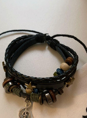 非金属布艺手链 复古民族风音符串珠多层拼接手链个性情侣手绳