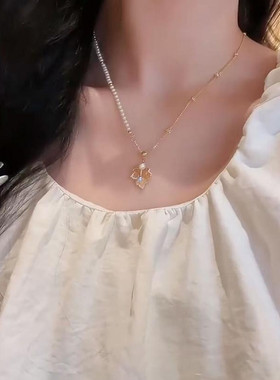合金项链 秋冬轻奢闪锆枫叶珍珠项链气质小众简约百搭时尚精致