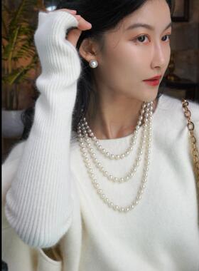 非金属亚克力项链 经典气质珠珠项链长款叠戴多层时尚百搭优雅