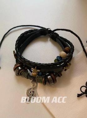 非金属皮质手链 音符串珠多层拼接手链男女个性复古手链编织百搭