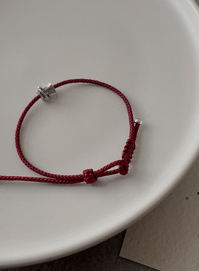 「时来运转」原创极简主义做旧银转运腰珠可调节酒红色情侣手绳