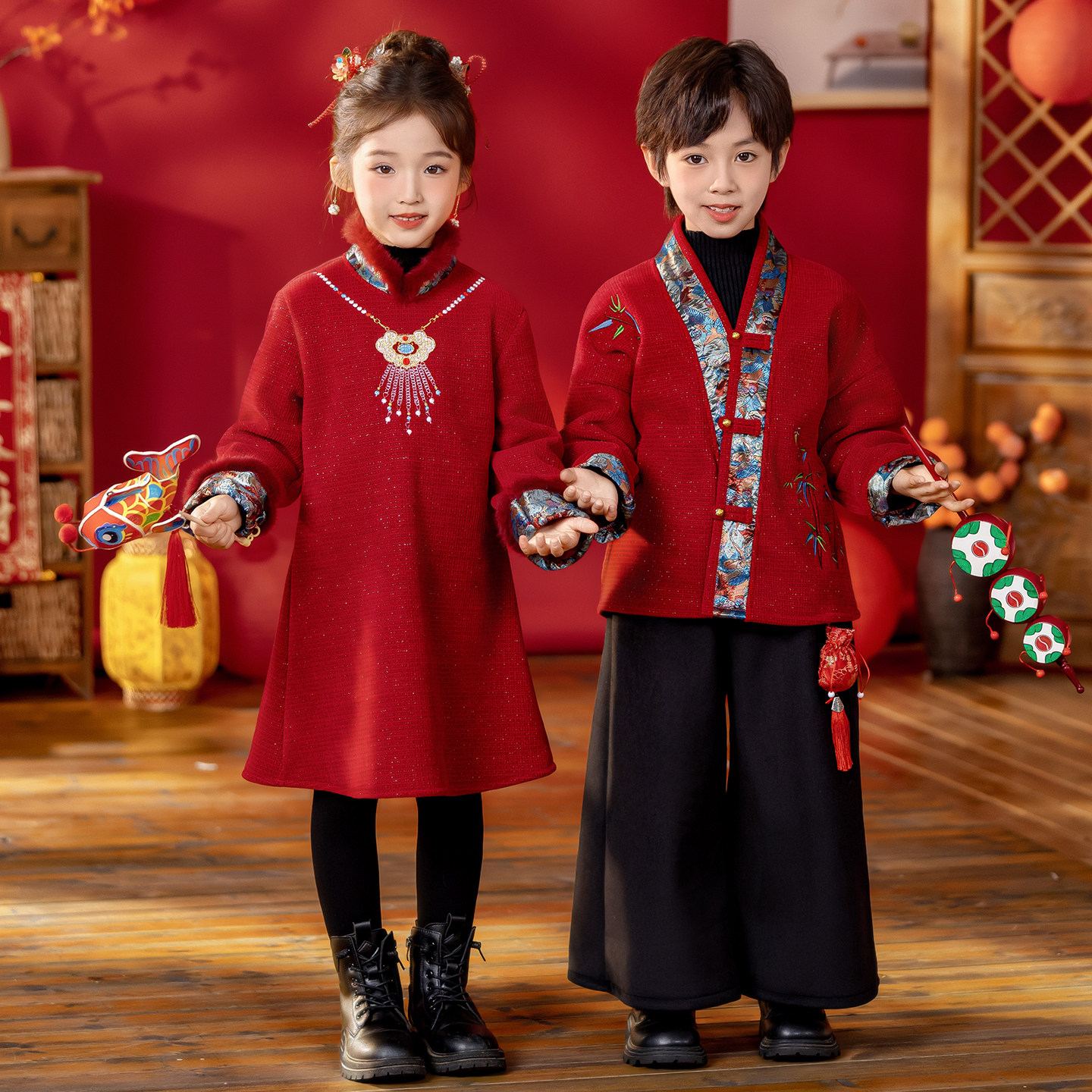 男童加绒汉服古装冬季新中式拜年服女童唐装套装中国风儿童表演服,淘宝优惠券,粉丝福利购,淘宝优惠卷