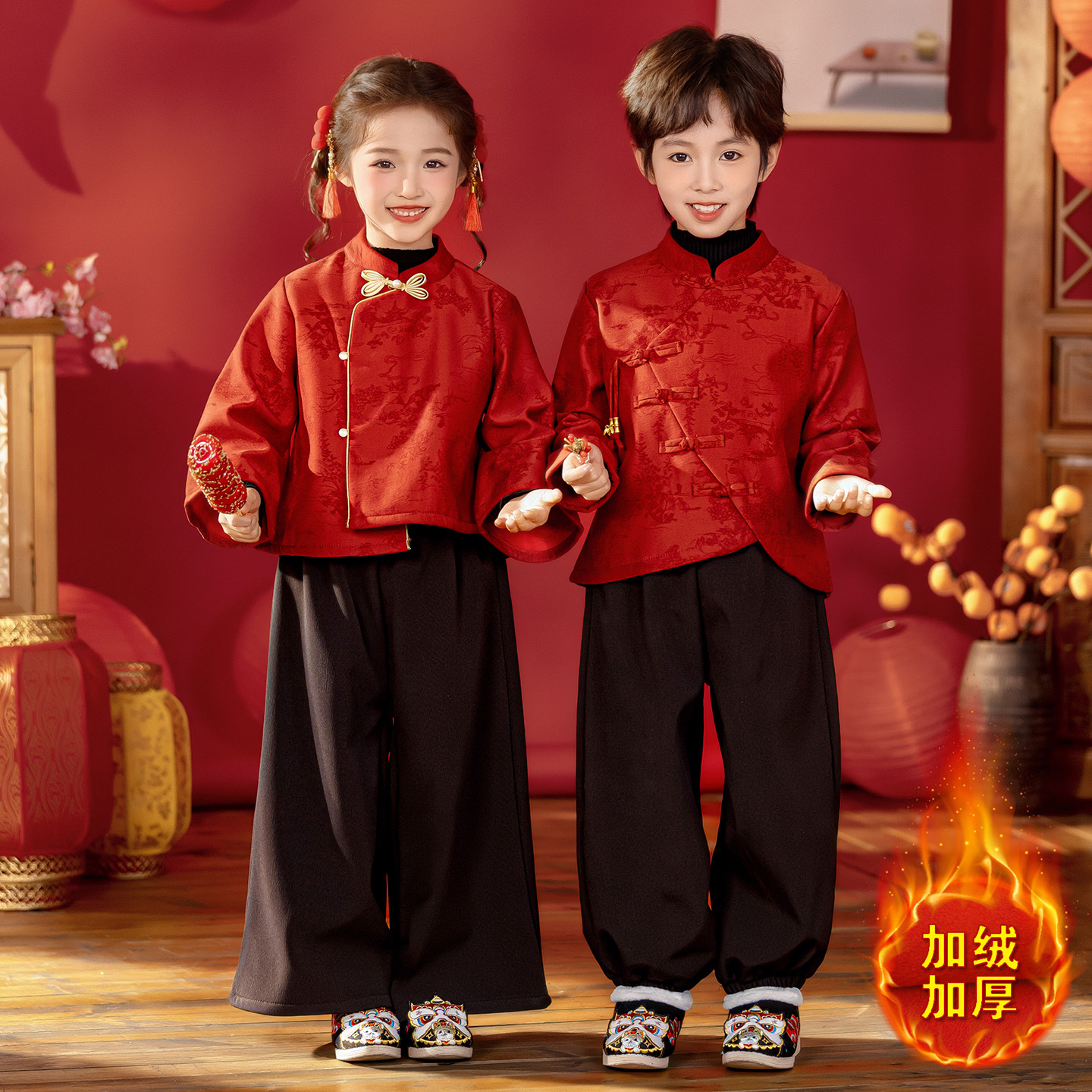男童加绒汉服秋冬季新中式女童唐装套装中国风古装儿童元旦表演服,淘宝优惠券,粉丝福利购,淘宝优惠卷