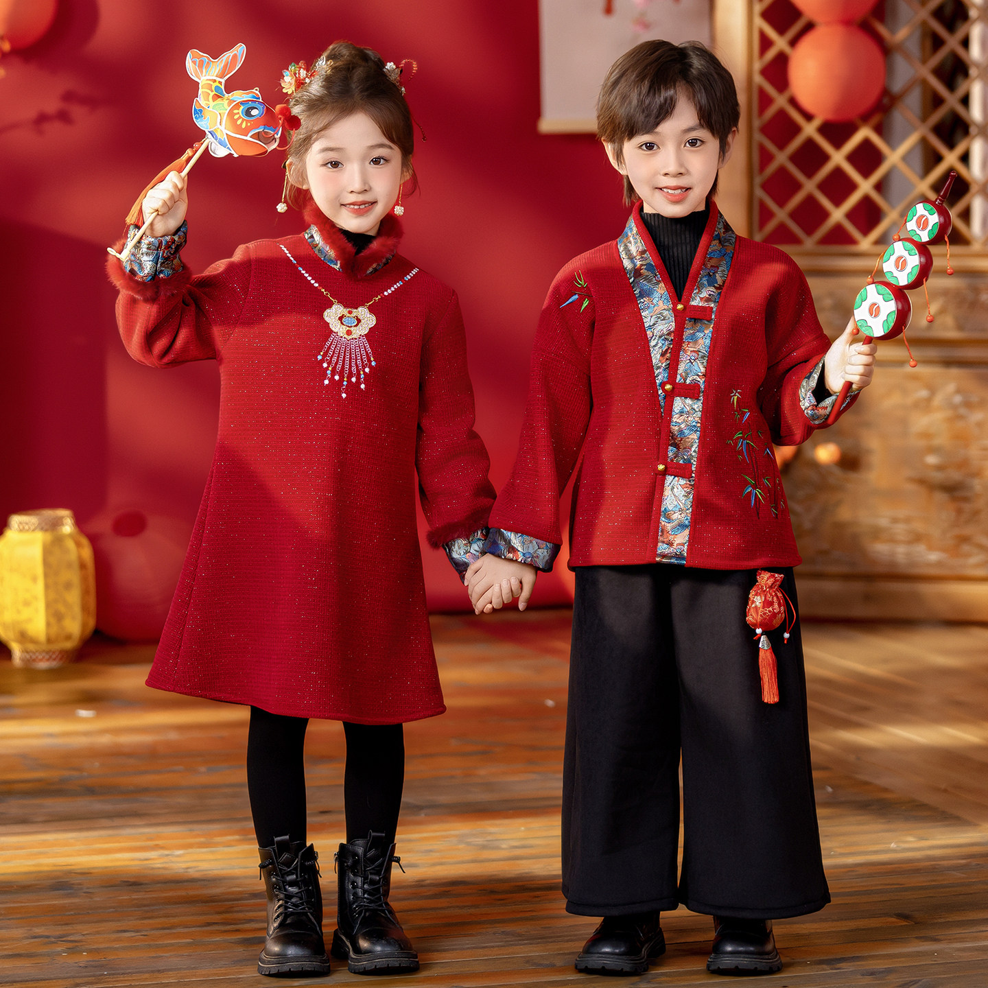 男童加绒汉服古装冬季新中式拜年服女童唐装套装中国风儿童表演服,淘宝优惠券,粉丝福利购,淘宝优惠卷